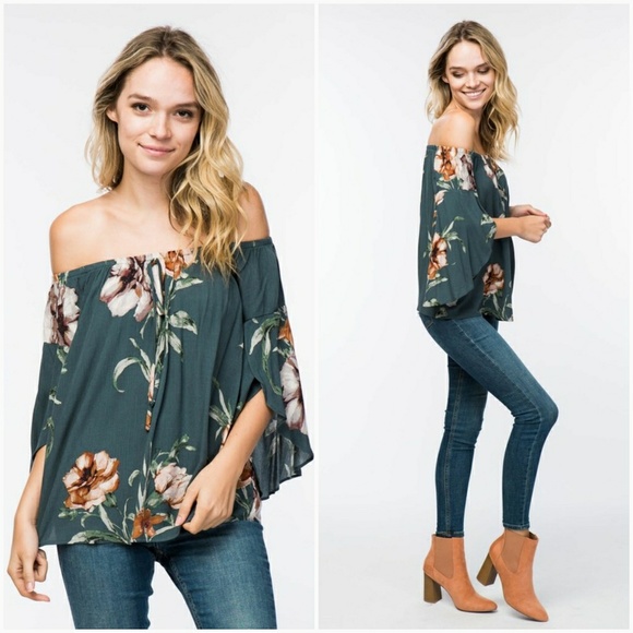 Teal Floral Off The Shoulder Top - Picture 2 of 5